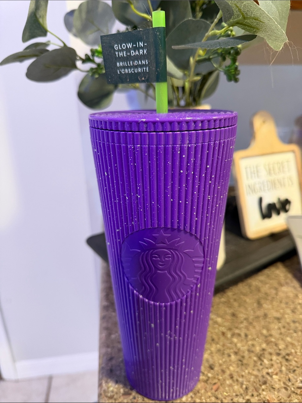 Starbucks Purple Ribbed Glow-In-The-Dark Tumbler with Green Straw